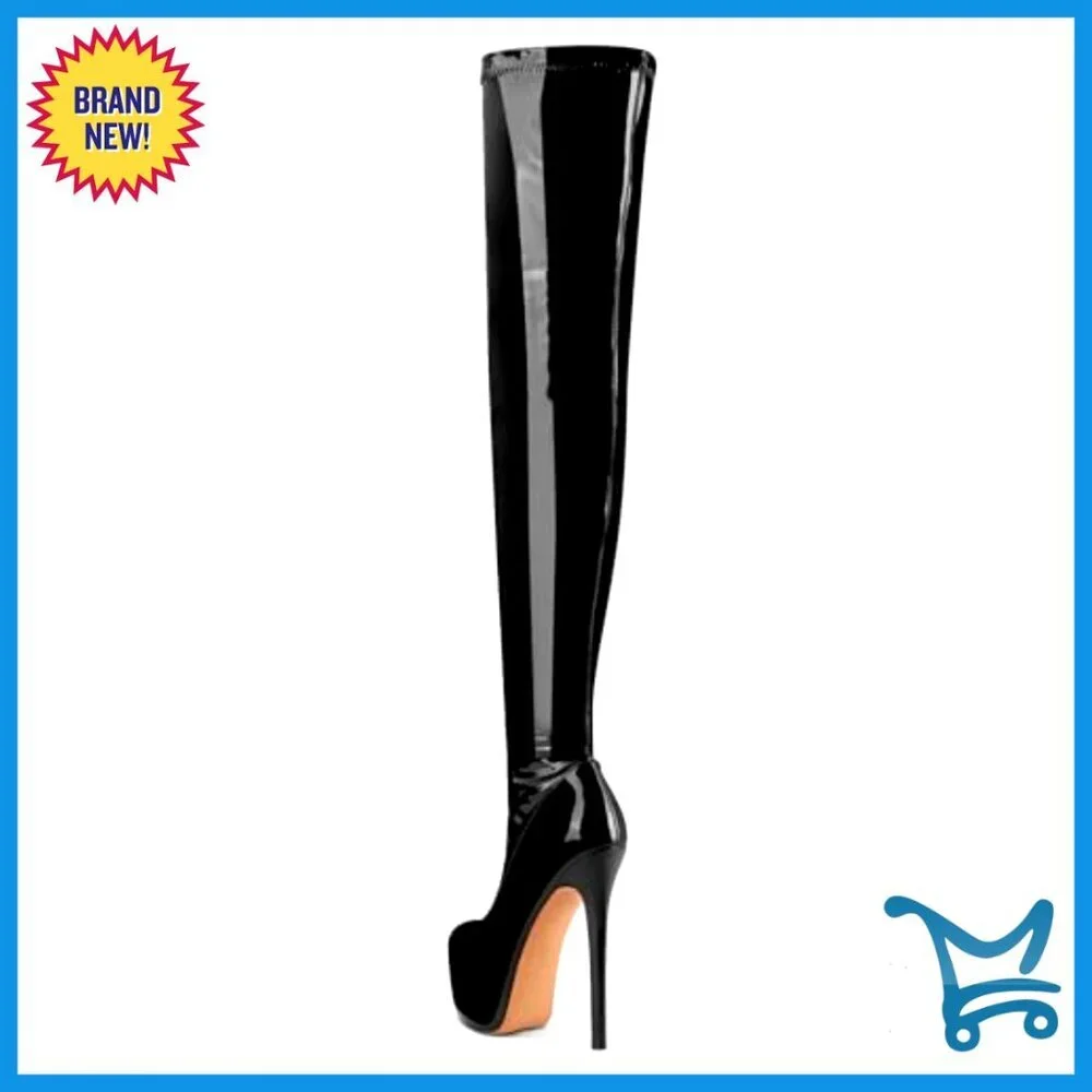 Patent Leather Over The Knee Stiletto Boots Platform Thigh High 5.9 Inch Heels